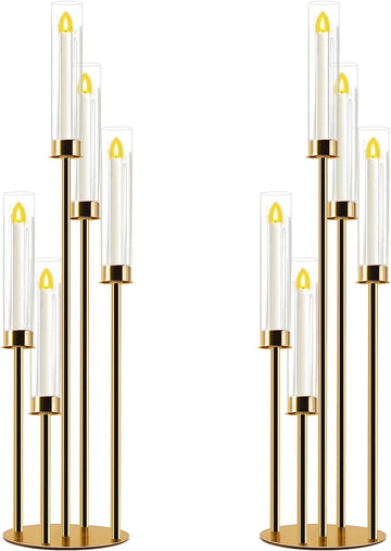Candelabra Gold Centerpiece 5 Arms Taper Candle Holder Gold Centerpiece with Acrylic Tubes for Table Decoration