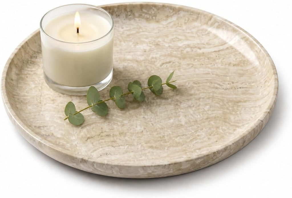 Beige Travertine Round Marble Tray, 10" Deep Dish Vanity Organizer | Honed natural stone bowl, high rim; holds
