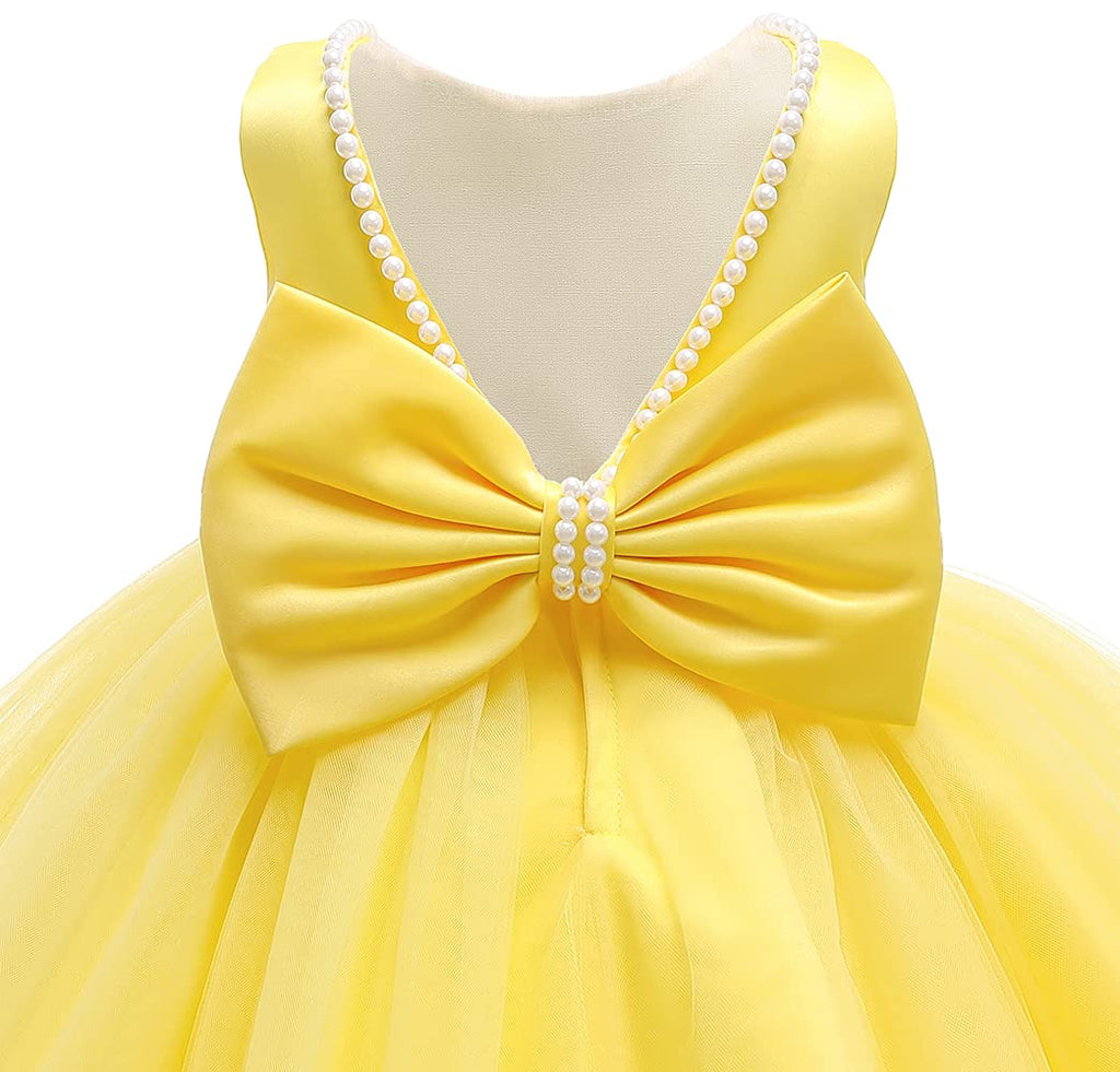 Girl Birthday Yellow Dress, Party Wedding Flower Christmas Earster Sleeveless Floor Length Tutu Tulle Dance Gown 3-4