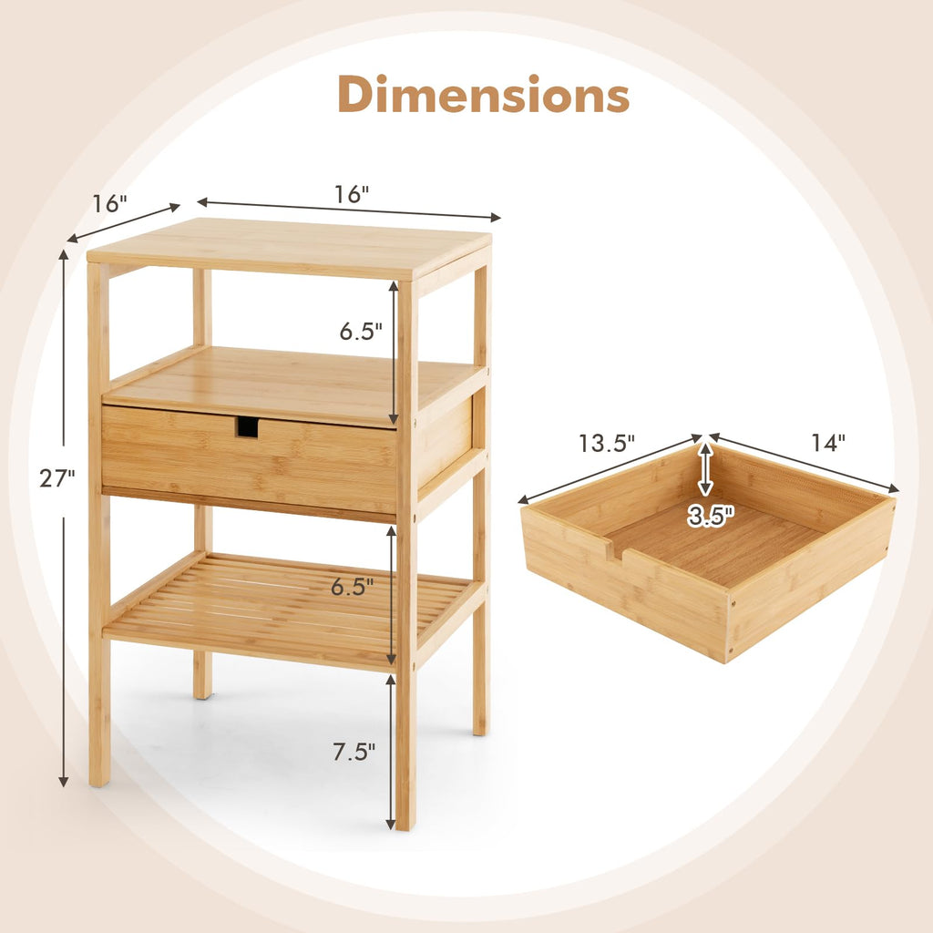 Bamboo Nightstand Set of 2, Wood Side Table with Drawer & Shelf