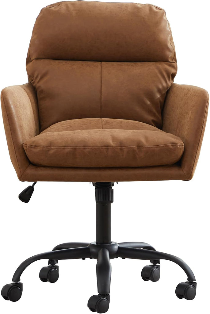 Adjustable Home Office Desk Chair with Comfy Square Mid-Back, Faux Leather 360 Swivel Upholstered Task Armchair with
