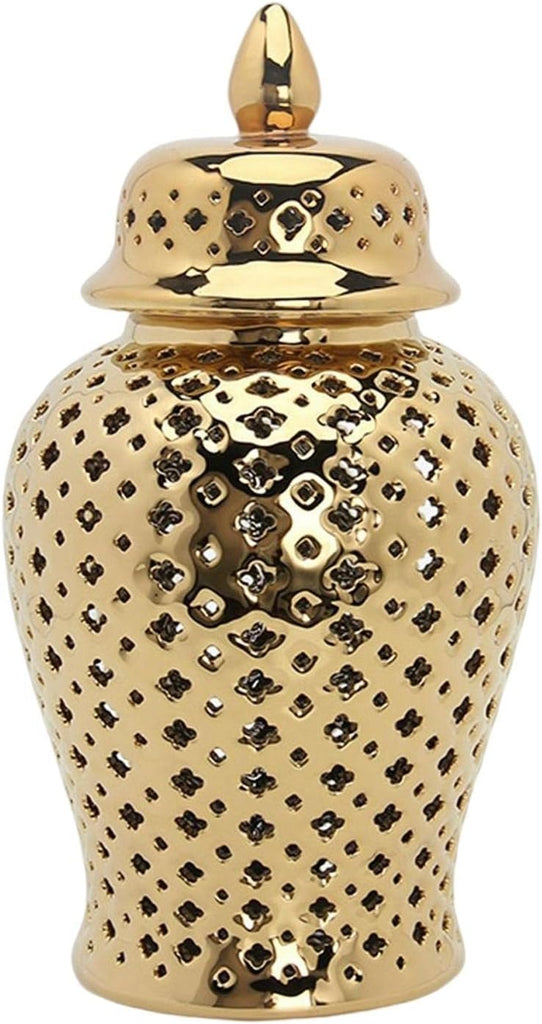 Ceramic Ginger Jar, Light Luxury Pierced Gold Collectable Decorative Lattice for Ornament Home Decoration Cafe Gift