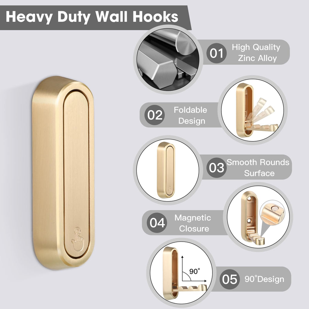 Folding Coat Hooks, Gold, 6 Pack, Wall Hook, Hanging Towels Clothes Bag