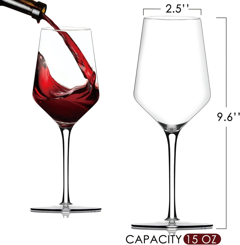 Wine Glasses Set of 6, Hand Blown Crystal Red Wine or White Wine Glass - 15Oz, Hand Crafted by Artisans - Gifts for