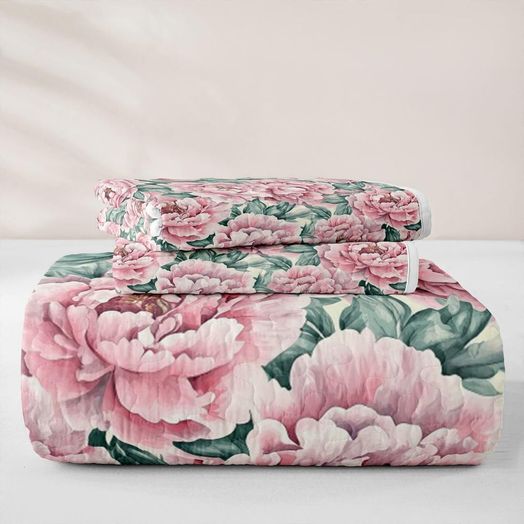 Pink Peonies Quilt Set Vintage Flowers Bedspread Garden Leaves Floral Coverlet for All Season Farmhouse