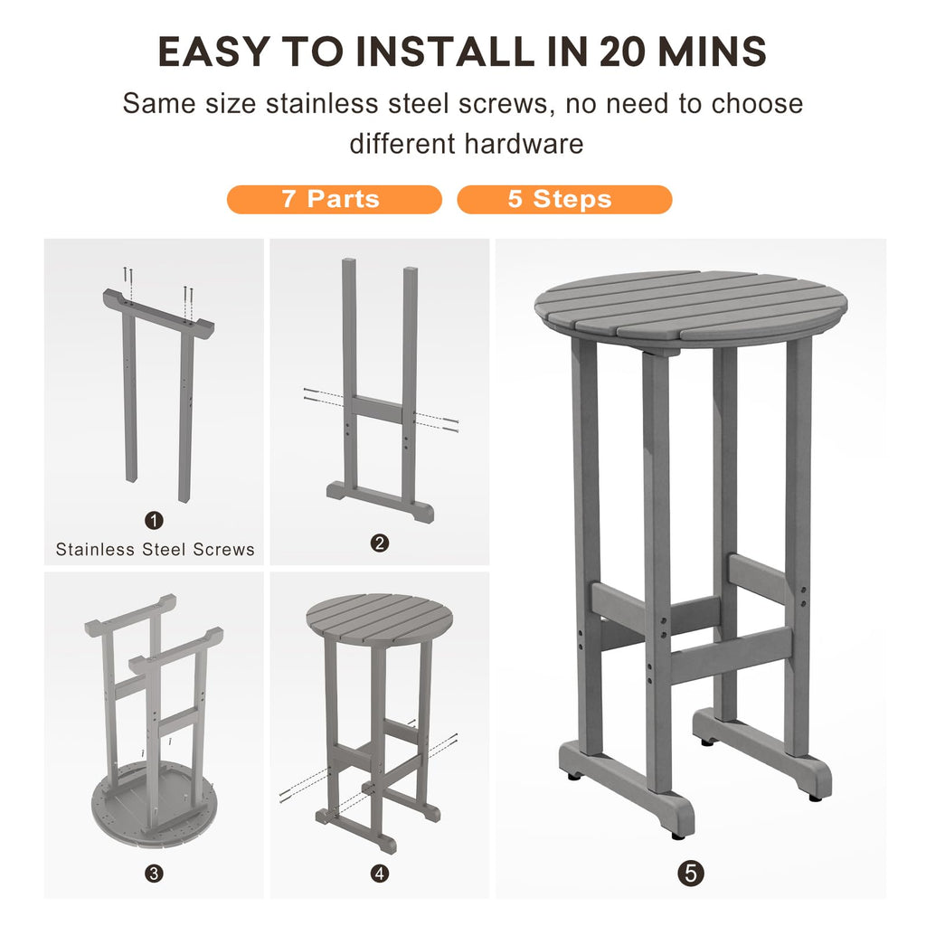 40" Outdoor Bar Table, All Weather HDPE Bar Height Patio Table Counter Round Patio Cocktail Bar Tables, Tall Bistro
