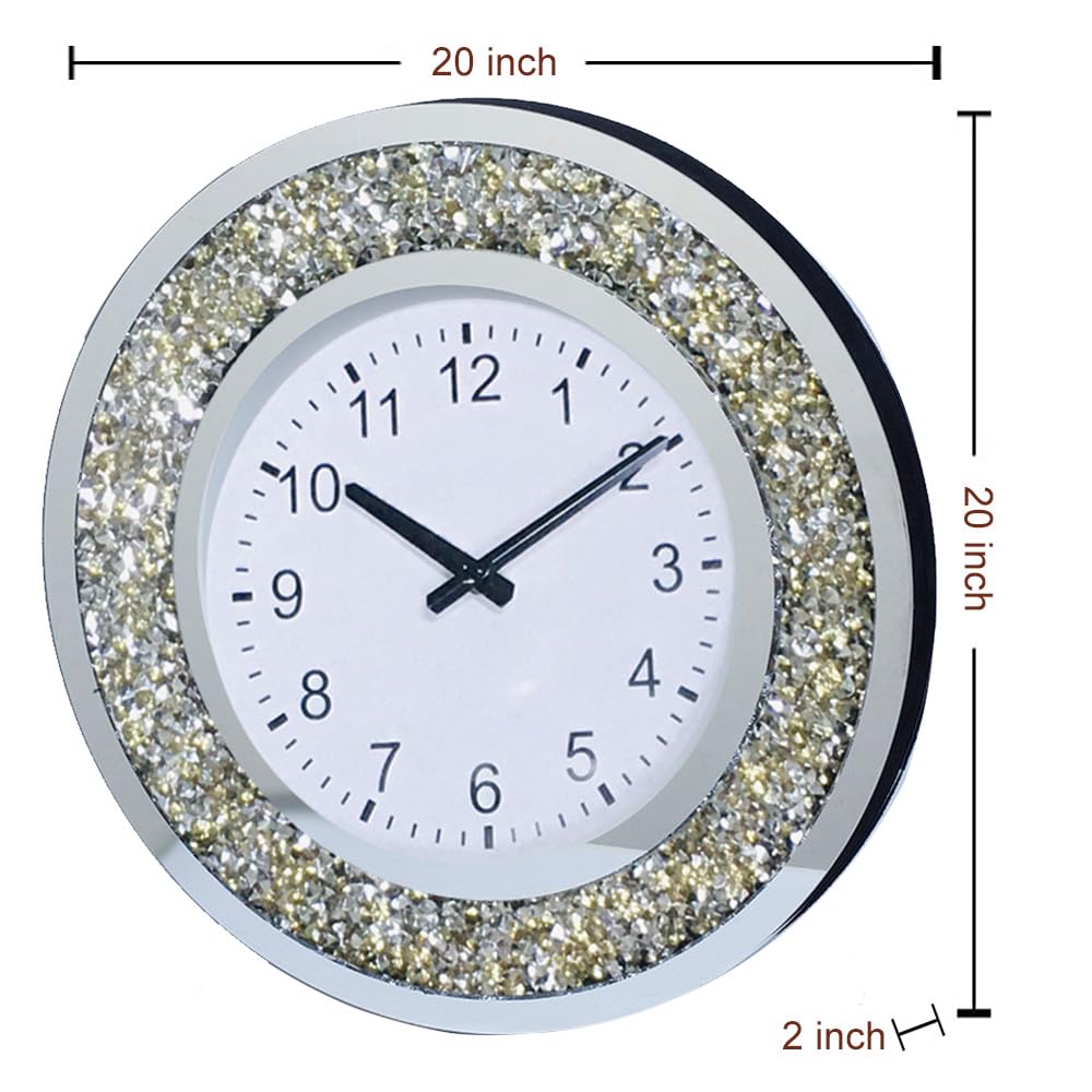 Golden Round Mirror Clock Crystal Sparkle Twinkle Bling Crush Diamond Mirrored Large Wall Clock for Wall Decoration