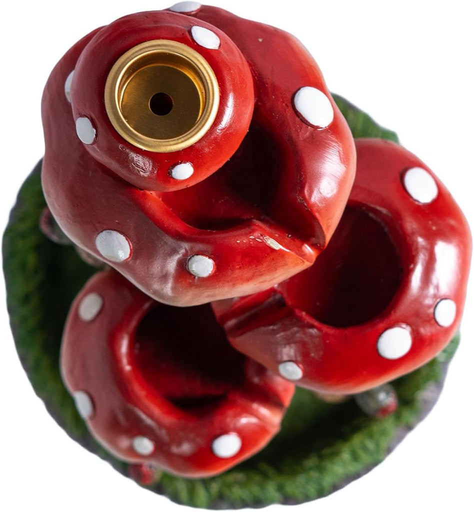 Whimsical Toadstool Mushroom Backflow Incense Burner with Faces, Red and White Polka Dot Design, Garden Gnome Style