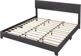 King Bed Frame with Adjustable Headboard, Faux Leather Platform Bed with Wood Slats, Heavy Duty Mattress Foundation