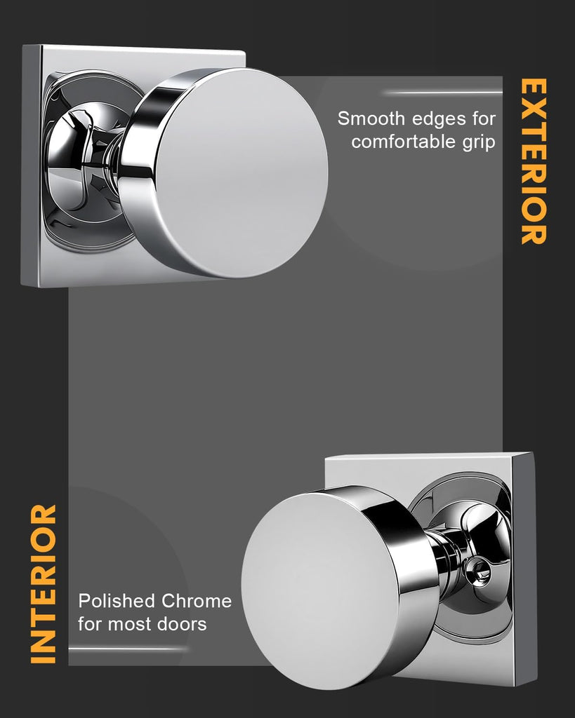 Polished Chrome Passage Door Knob with Square Rosette, Heavy Duty Closet Door Handles Without Lock,1 Pack Door Knob