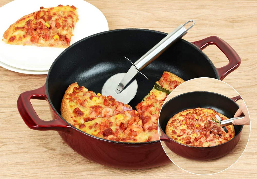 La Cuisine Enameled Cast Iron Braiser Sauté Pan Shallow Dutch Oven with Golden Knob for Lid Internal Matt Black