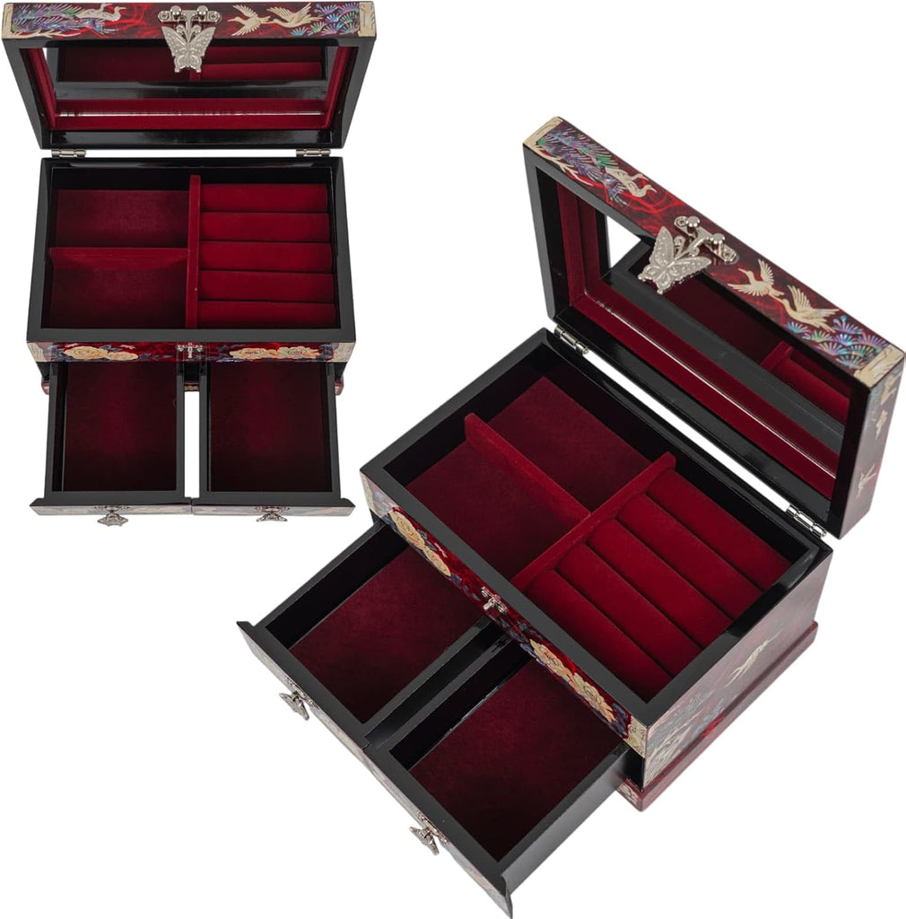 Korean Mother of Pearl Jewelry Box - 2-Drawer Keepsake Box with Mirror, Traditional Oriental Trinket Organizer - Gift