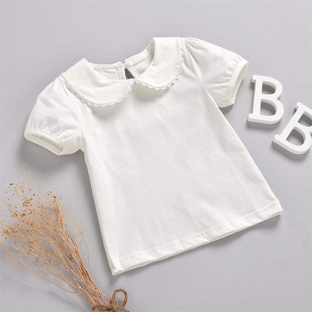 Kids Baby Girl Long Sleeve Collar Shirt Toddler White Blouse Puff Short Sleeve T-Shirt Solid Color Basic Top Bottom