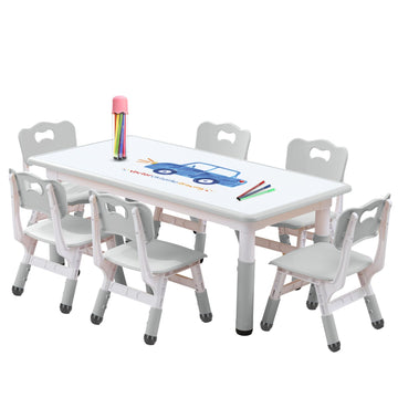 Kids Table & 6 Chairs Set, Adjustable Graffiti Legs Class, Daycare, Home 3-12