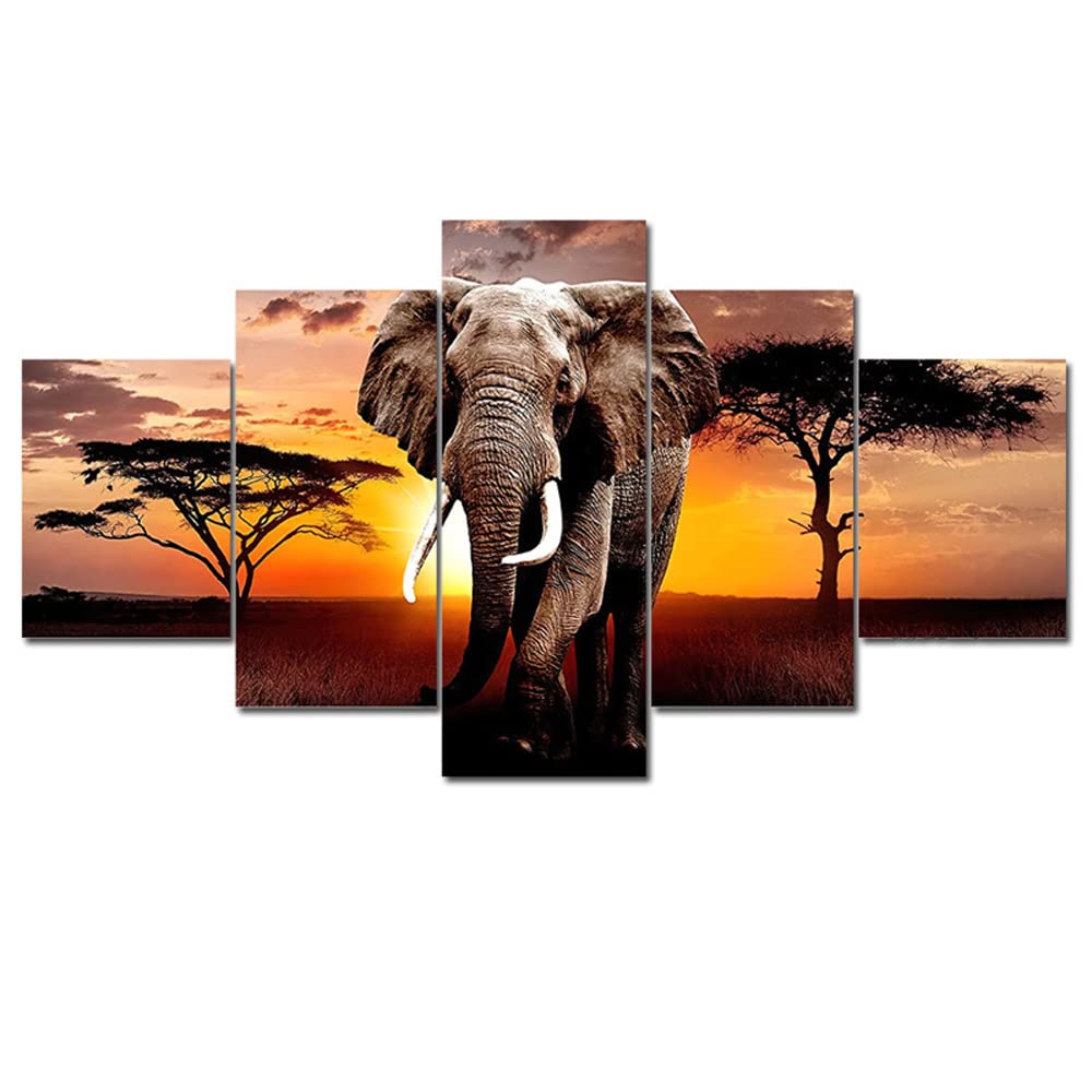 5 Pcs Africa Grassland Elephant Large Framed Canvas Wall Art Oil Painting Artwork On Stretched Canvas Print Painting