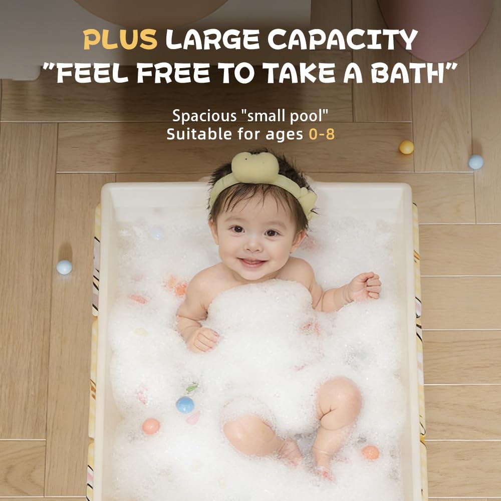 Foldable Baby Bathtub with Cute Animal Print, Portable Infant Bath Tub,31.5x17.7x9.8 Inch Expanded (Yellow)