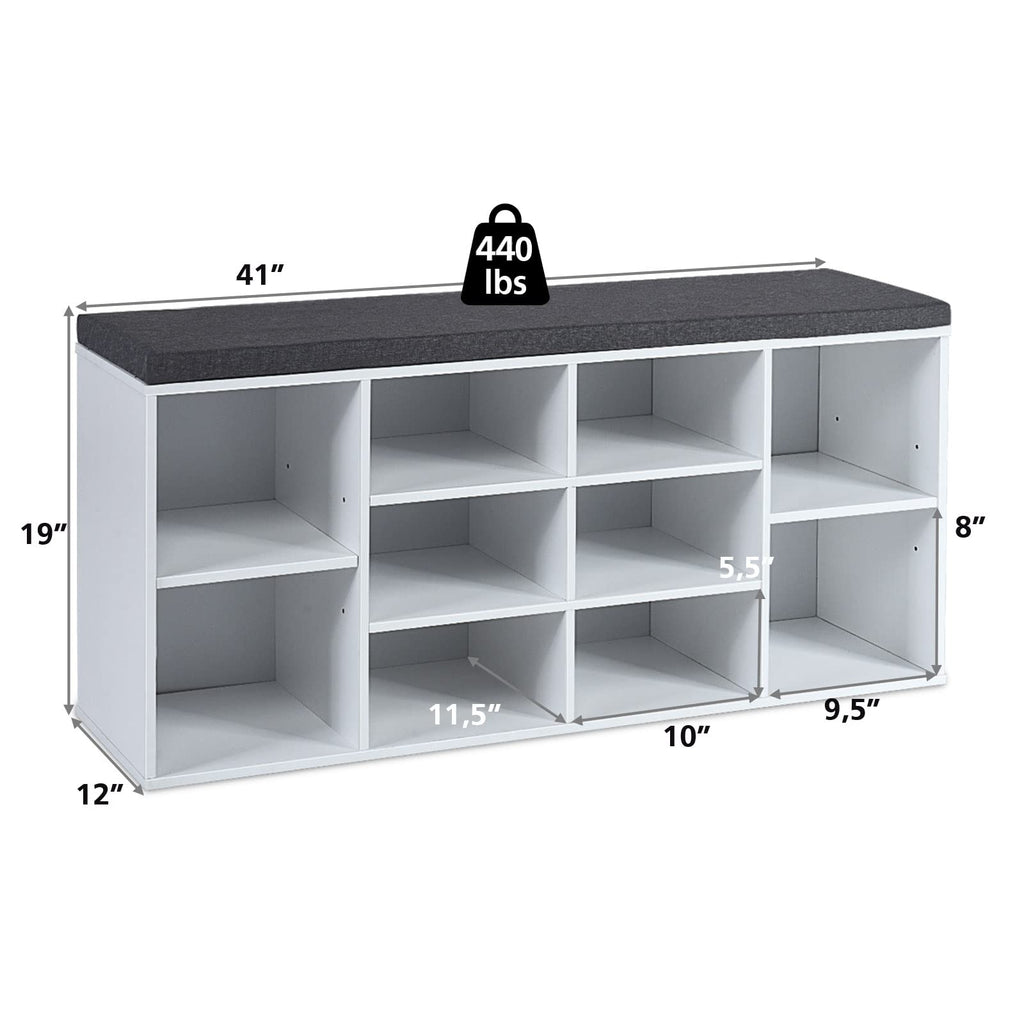 Shoe Storage Bench with Cushion, Entryway Shoe Rack Bench, Adjustable Shelves, 10-Cubbies Shoe Organizer Bench
