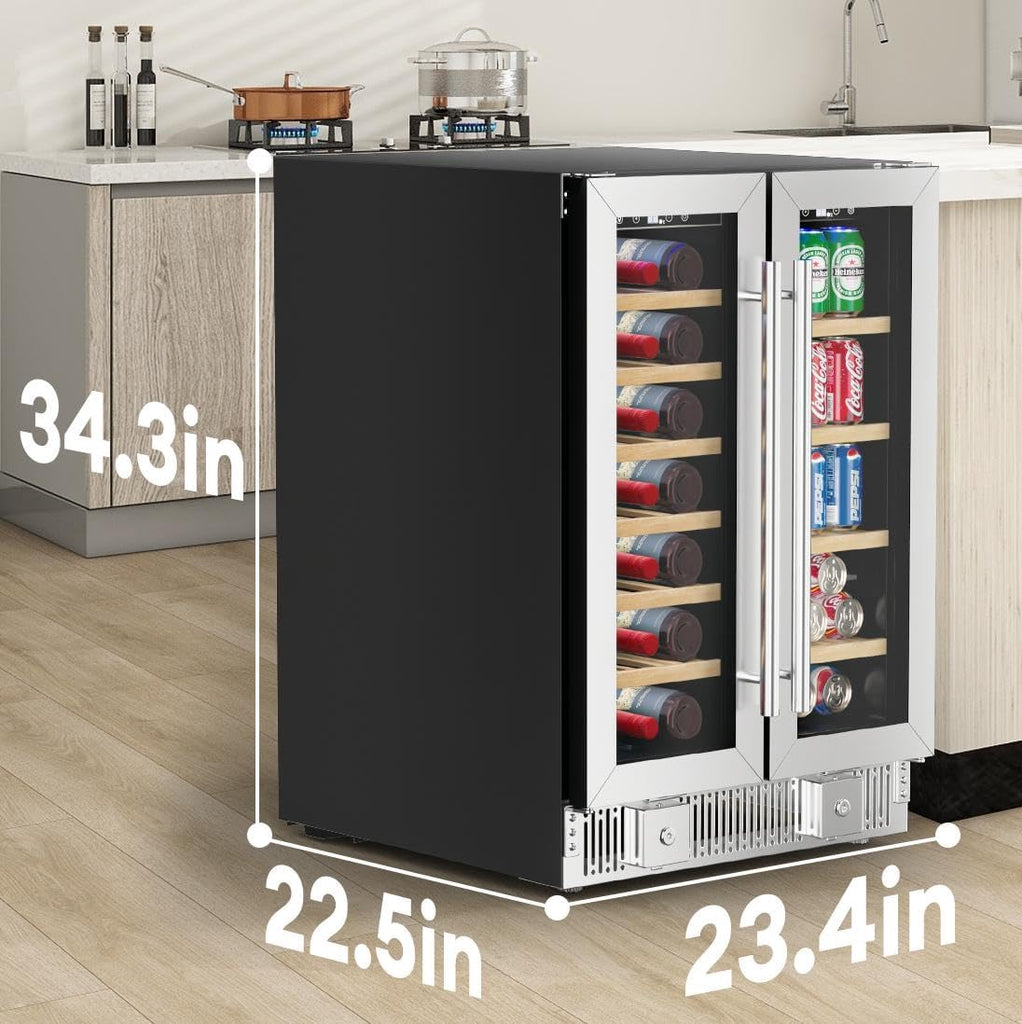 Wine and Beverage Refrigerator, 24 Inch Dual Zone Wine Cooler with Glass Door&Lo