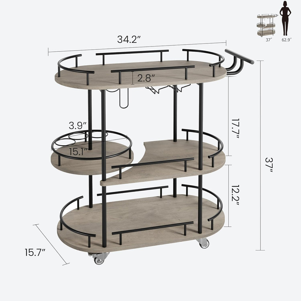 3-Tier Rolling Bar Cart with 360° Rotating Wine Storage Shelf, Mobile Home Bar Serving Cart with Wine Glass Holder &