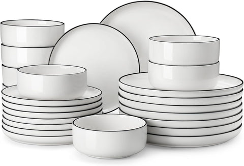 Plates and Bowls Sets, 24 Pieces Modern Porcelain Dinnerware Set for 8 White Kitchen Dinner Dining Ware Set wtih Black