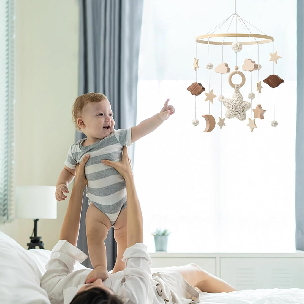 Baby Mobile Crib,Baby Mobile for Crib Nursery Wooden Mobile for Girl or Boy Gender Neutral Mobile, Star, Cloud, Moon