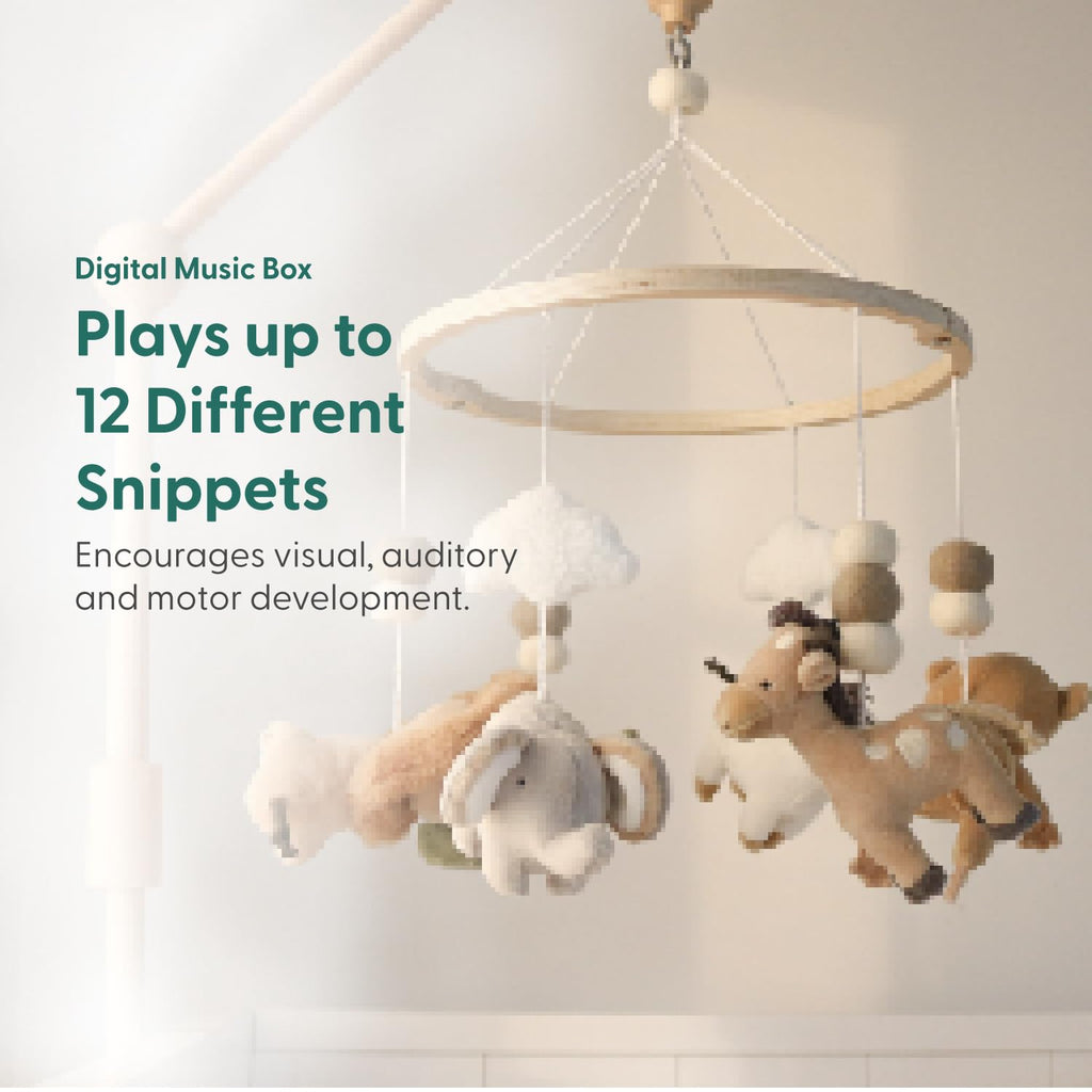 Crib Mobile for Boys or Girls - Wooden Musical Baby Crib Mobile with 12 Lullabies, Jungle Animal, Baby Mobile Crib