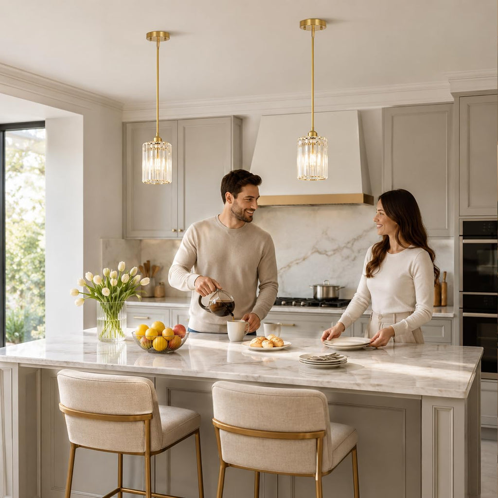 Brushed Gold Kitchen Pendant Lights Over Island with Adjustable Rods - Crystal Pendant Lighting Fixtures for Sloped