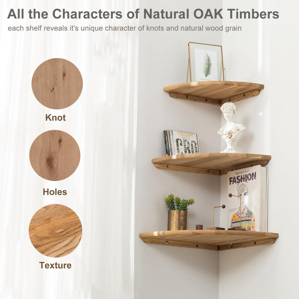 Corner Shelves, Floating Corner Shelf, Set of 2 7inch Solid Oak Wood Wall Shelves, Round End Wall Mount with Wire