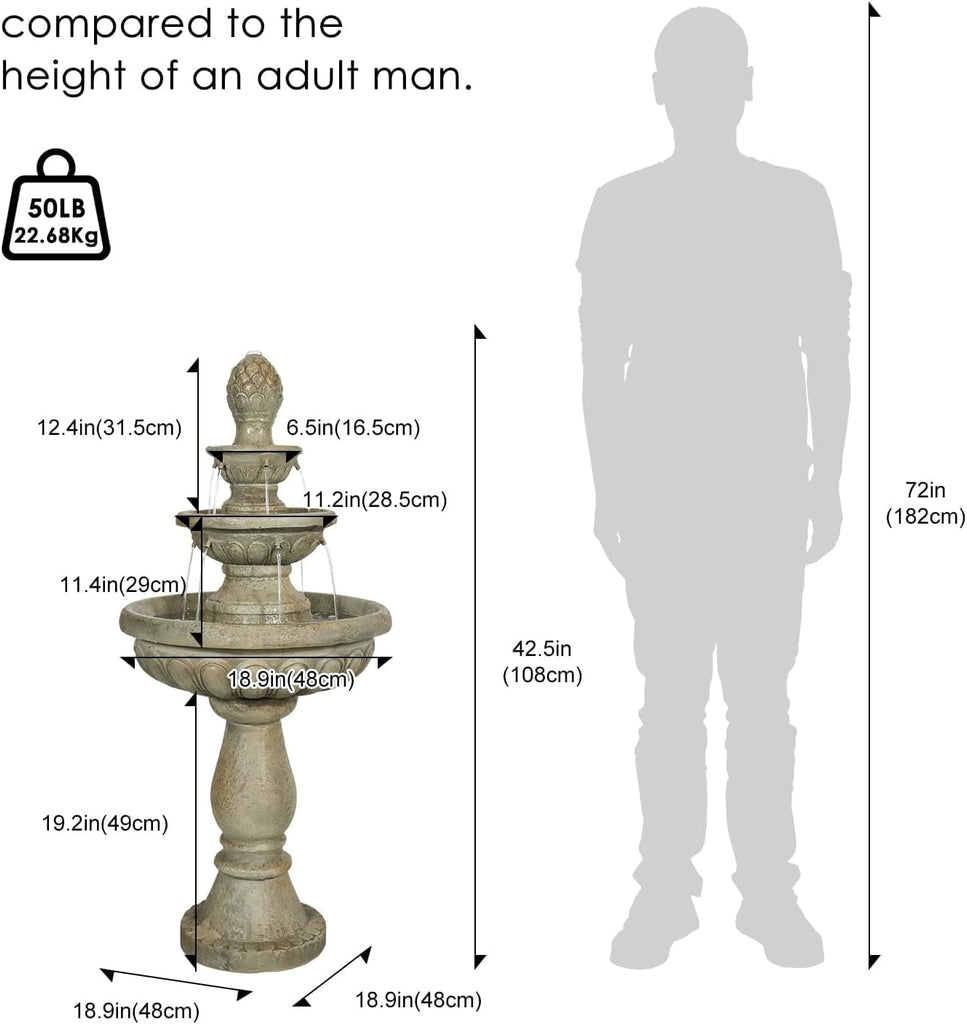 42.5" Water Fountain Outdoor - Large Waterfall Fountain Outside, 3-Tiers Cascading, Fiber Reinforced Concrete