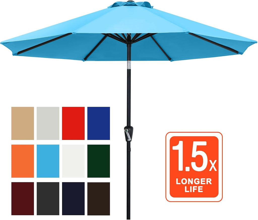 9FT Outdoor Patio Umbrella, 8 Ribs Table Umbrella w/Crank for Easy Set Up, Suitable (Turquoise)