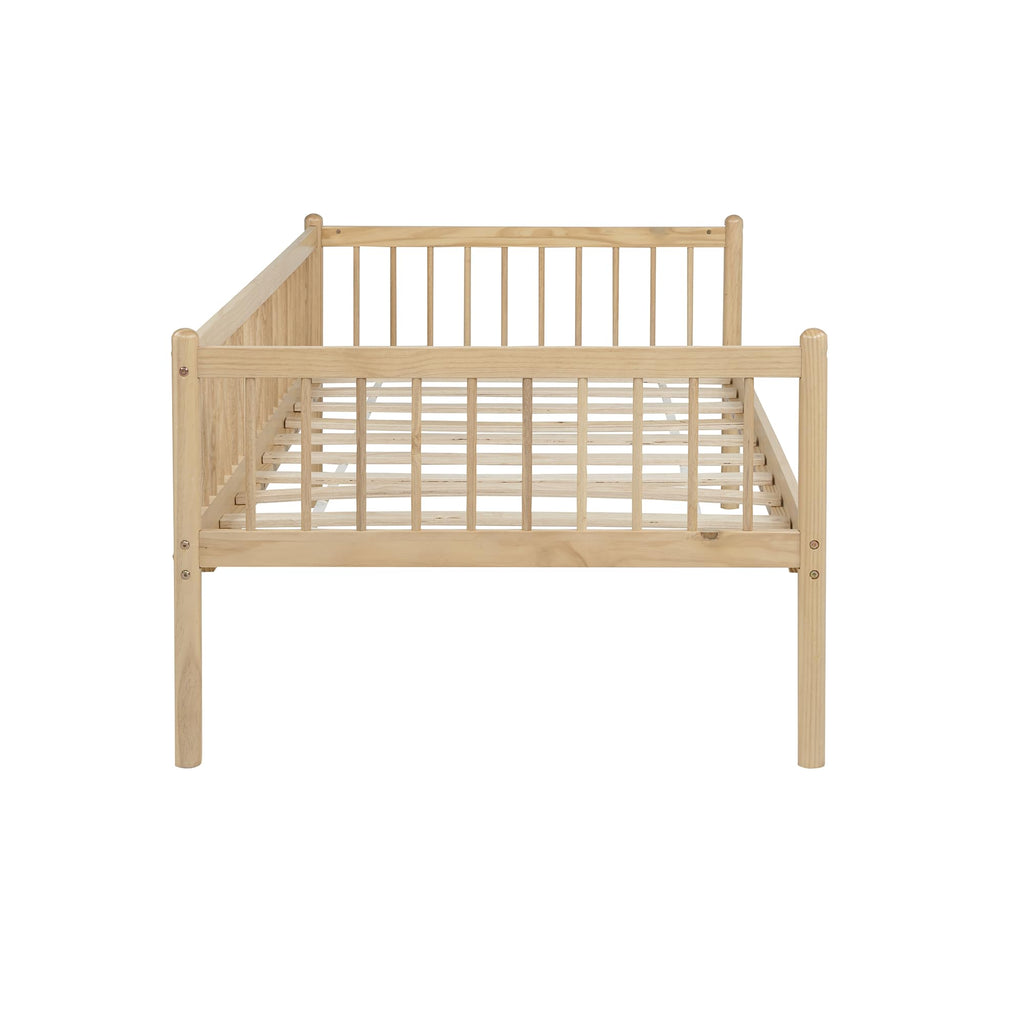 Twin Daybed with 3-Side Guardrails and Wood Frame, Natural