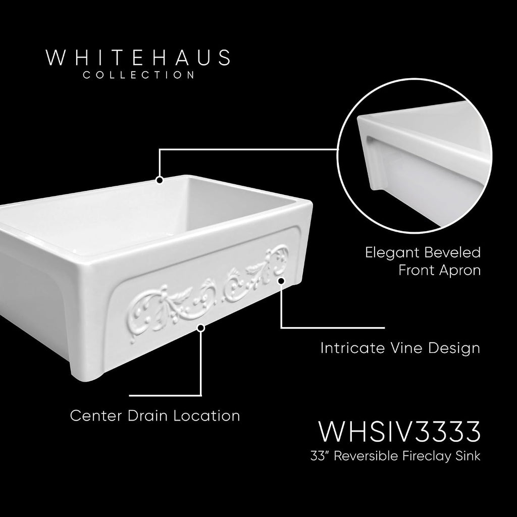 Kitchen Sink; 33" Fireclay Farmhouse Sink, Reversible Apron-Front with Vine Design and Beveled Front, White