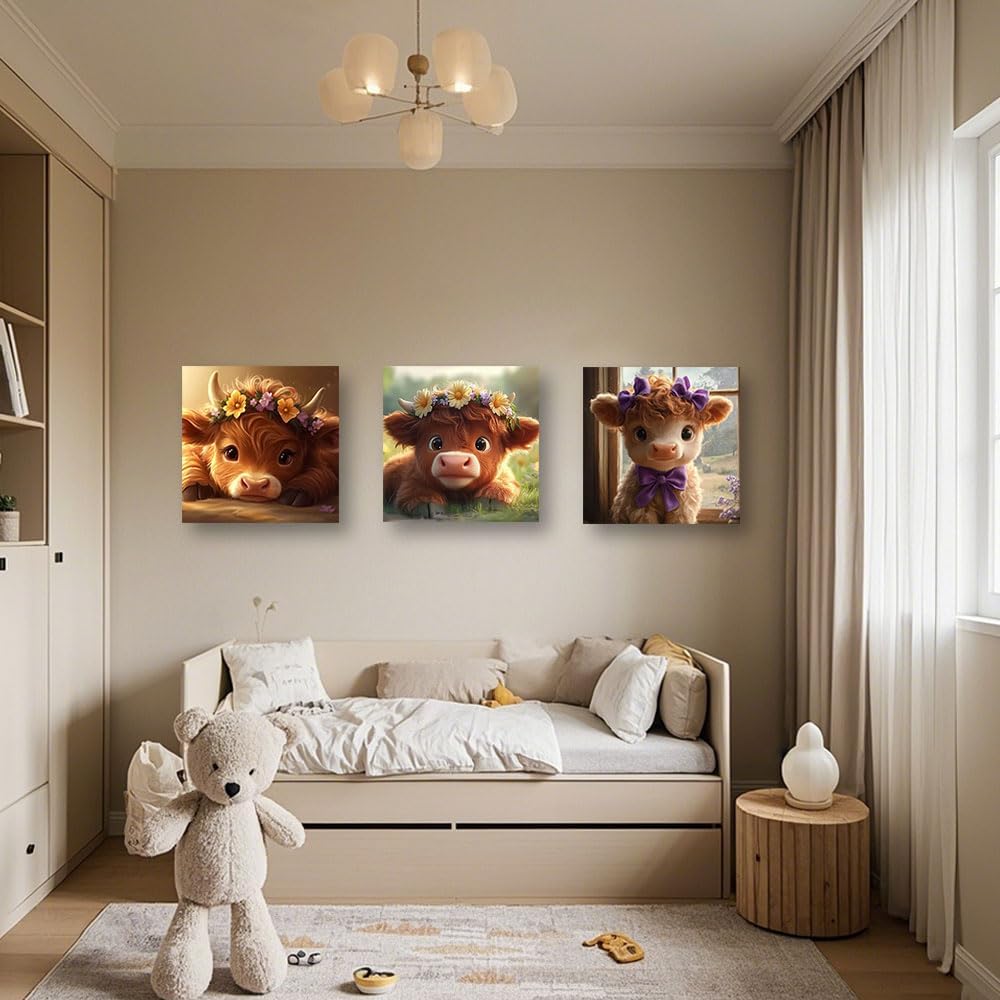 Highland Cow Wall Art Cute Animal Canvas Print 3 Pieces Baby Highland Cow Picture Farm Animal Prints Farmhouse Kids