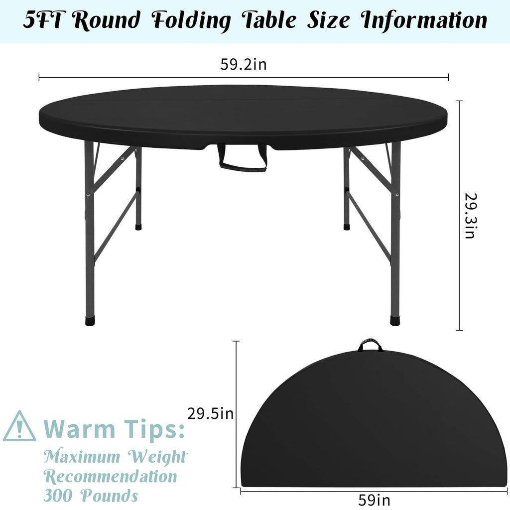 5 FT Round Folding Tables Black Foldable Table, Fold-in-Half with Carrying Handle Portable Plastic Table for Party
