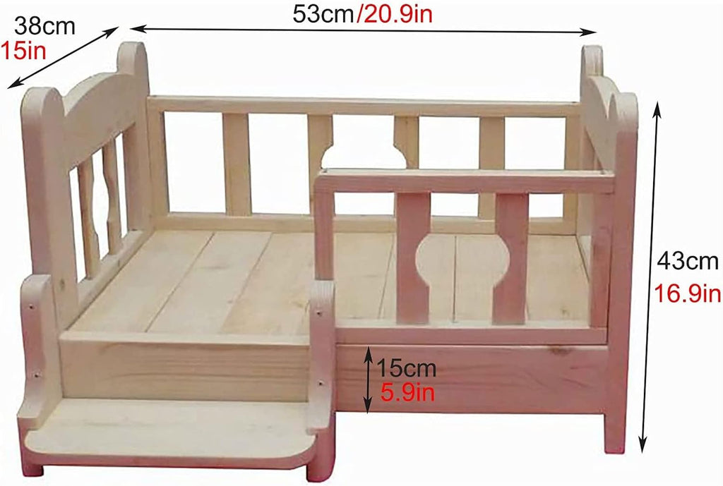 Elevated Pet Sofa Bed with Grey Cushion Set - Wooden Dog Bed for Medium & Small Dogs - Pet Cat Dog Bed - Wooden Pet