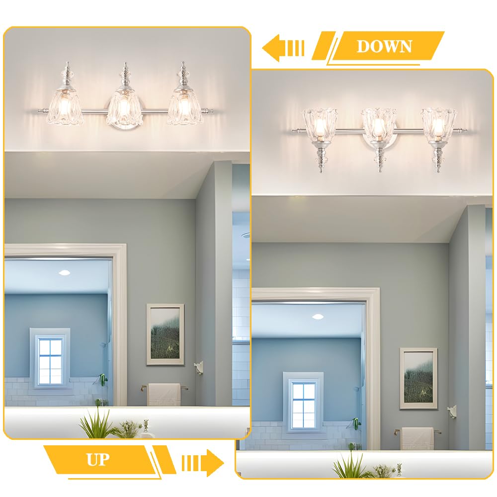 Brushed Nickel Vanity Light, Antique Bathroom Vanity Light Over Mirror, 3 Light Lighting Fixture with Flower Glass