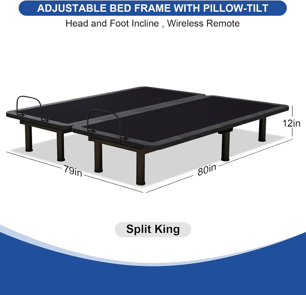 Split King Adjustable Bed Frame with Thickened Frame, Pillow-Tilt, Separate Head/Foot Lift, Zero Gravity, Anti-Snore