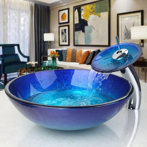 Blue Countertop Bathroom Vessel Sink with Waterfall Faucet