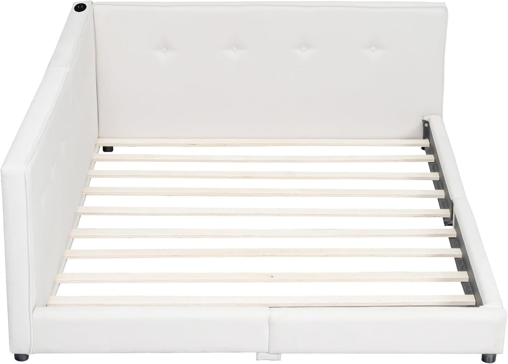 Queen Size Modern Upholstered Platform Bed with USB Ports, Floor Daybed with Wood Slat Support/Queen,Beige