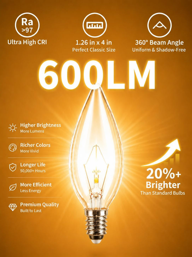 E12 60 Watt Incandescent Candle Light Bulbs, Chandelier Light Bulbs for Ceiling Fan, Vanity, Outdoor - Warm White