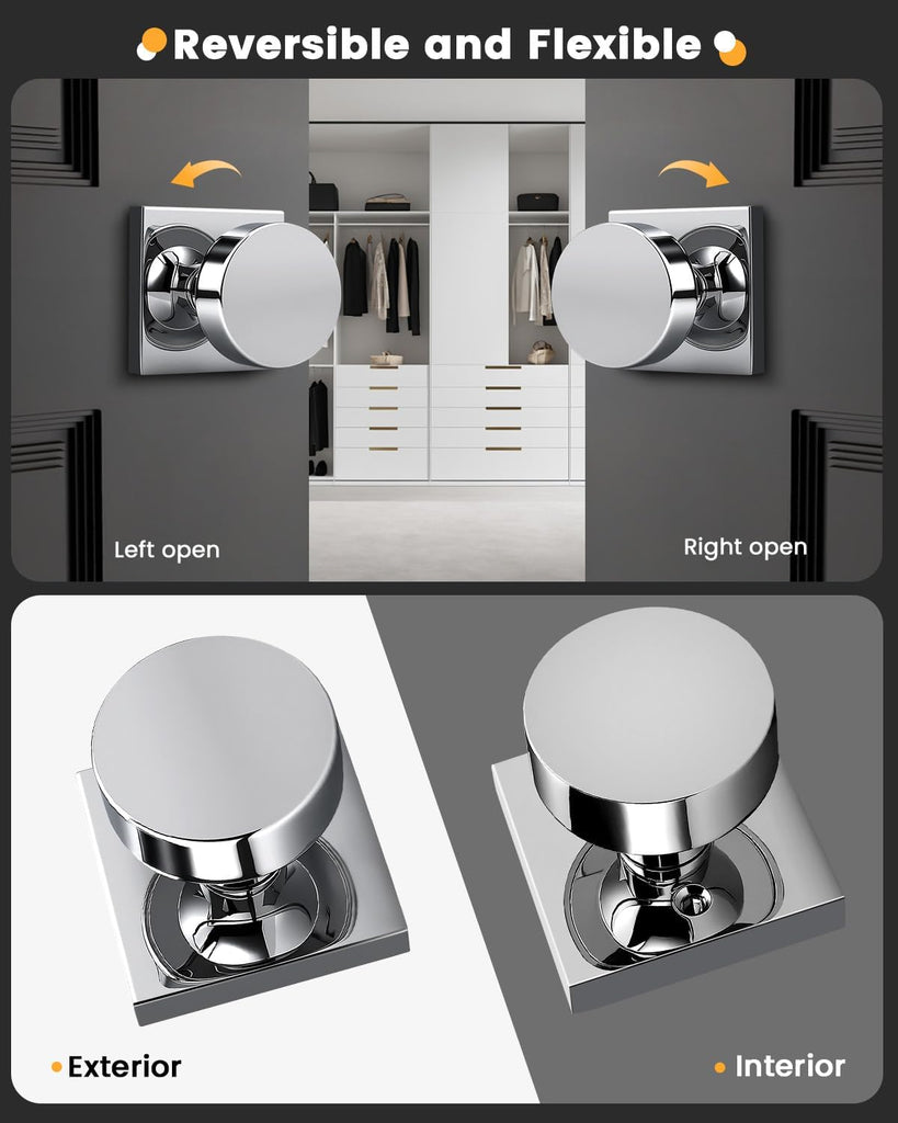Polished Chrome Passage Door Knob with Square Rosette, Heavy Duty Closet Door Handles Without Lock,1 Pack Door Knob