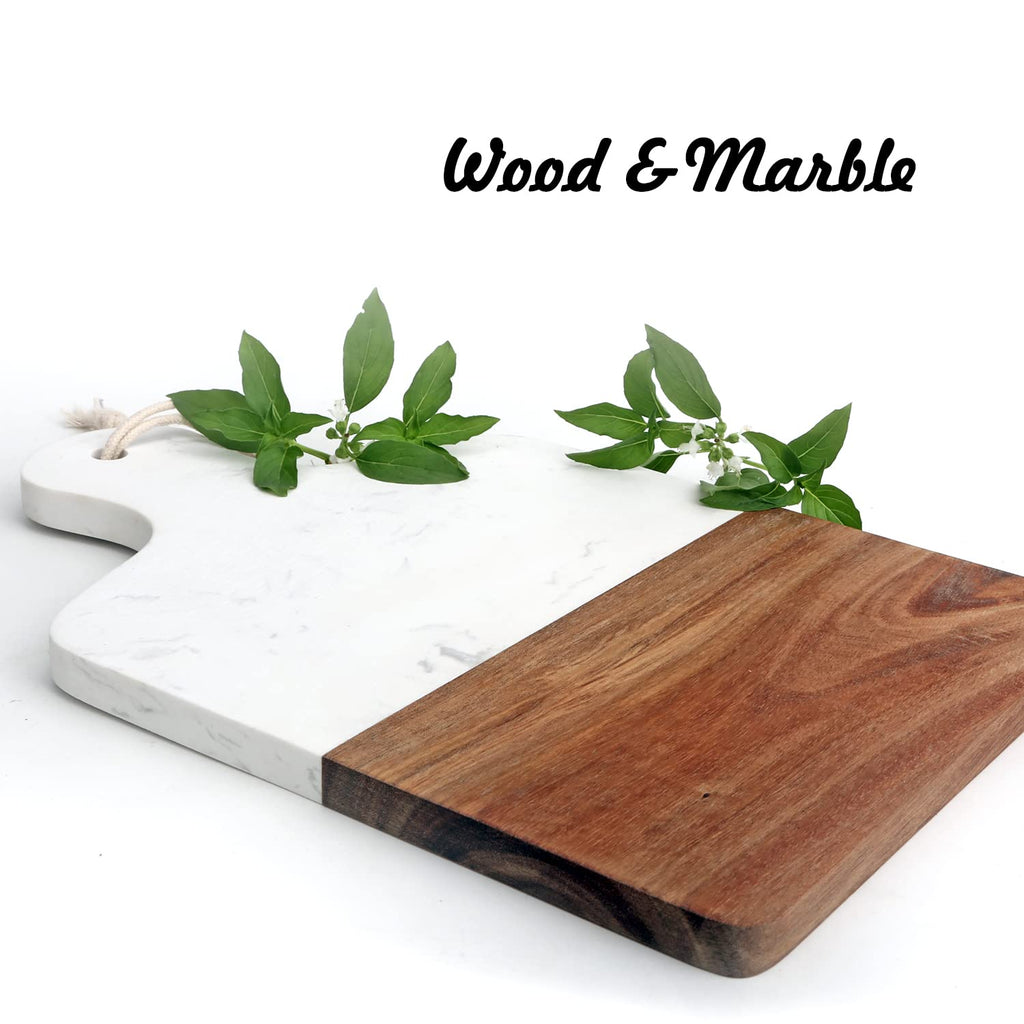 Cutting Board with Marble and Natural Wood,Serving Board for Steak Fruits with Handle,Chopping Board for Bread as