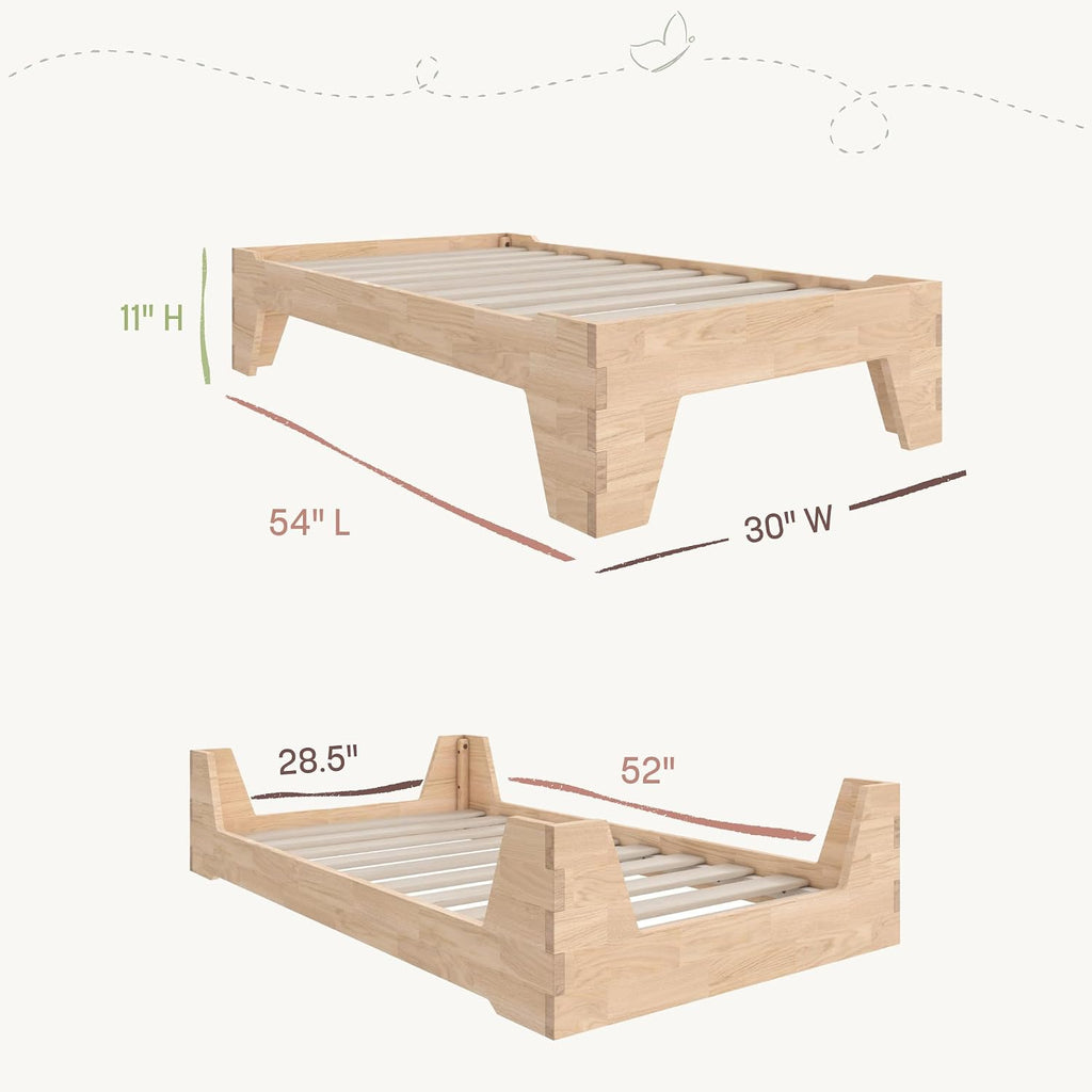 Maverick Montessori Toddler Floor Bed with 2 Heights, Natural Wood Grain