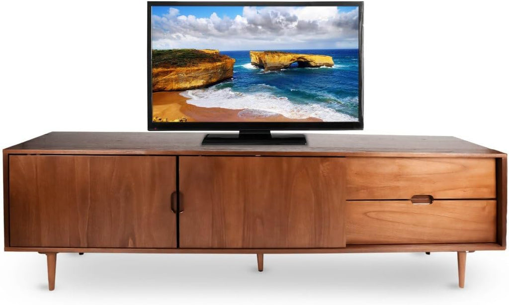 BTM Mid‑Century Modern TV Stand for 55-90‑Inch TVs, Walnut Sliding Door Entertainment Center, Adjustable Shelves with
