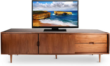 BTM Mid‑Century Modern TV Stand for 55-90‑Inch TVs, Walnut Sliding Door Entertainment Center, Adjustable Shelves with
