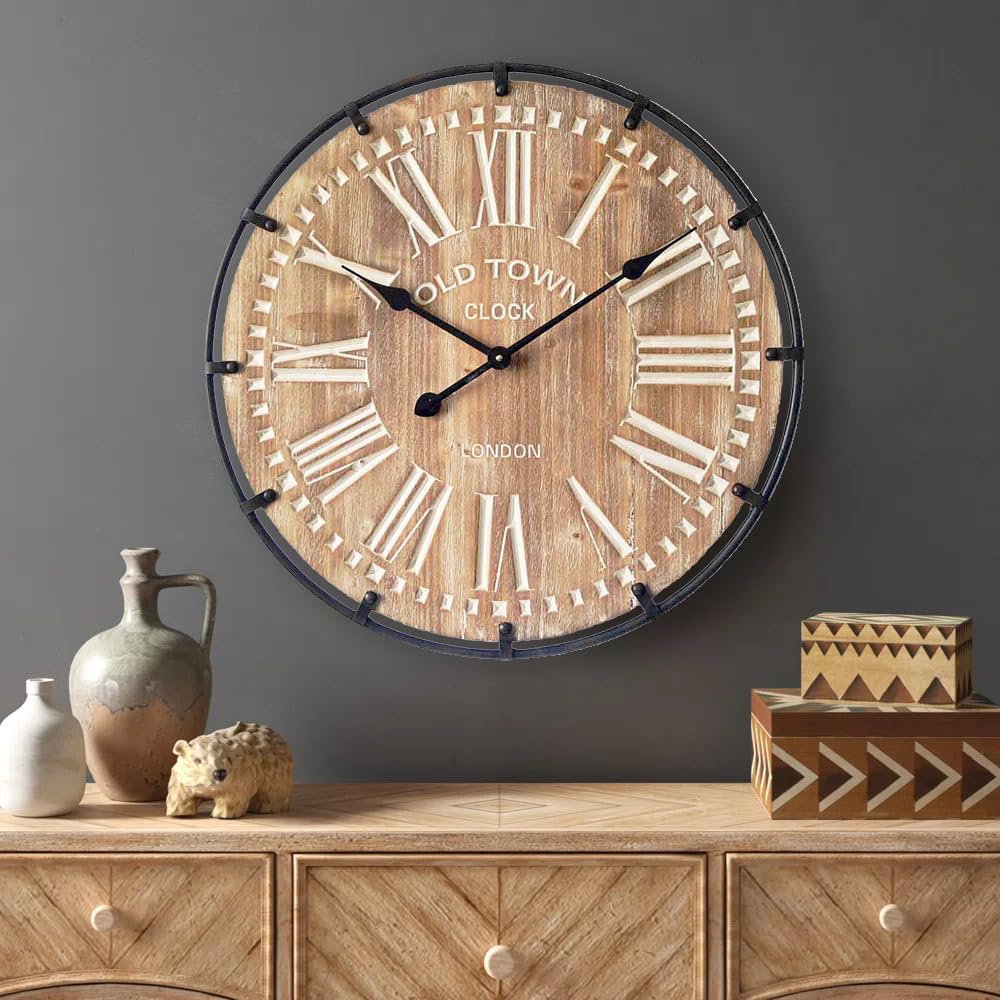 24 Inch Large Farmhouse Wall Clock, Rustic Wooden Wall Clock Decorative with Metal Circle and Engraved Numerals