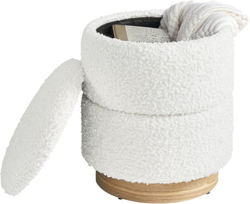 Round Ottoman with Storage, Modern Boucle Ottoman Upholstered Foot Stools with Wood Base, Vanity Stool Chair