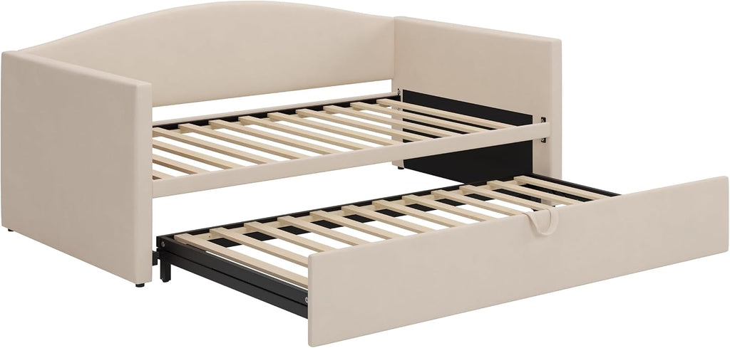 Twin-to-King Velvet Daybed with Extended Pop-Up Trundle, Beige | Space-Saving Upholstered Sofa Bed for Guest Rooms;