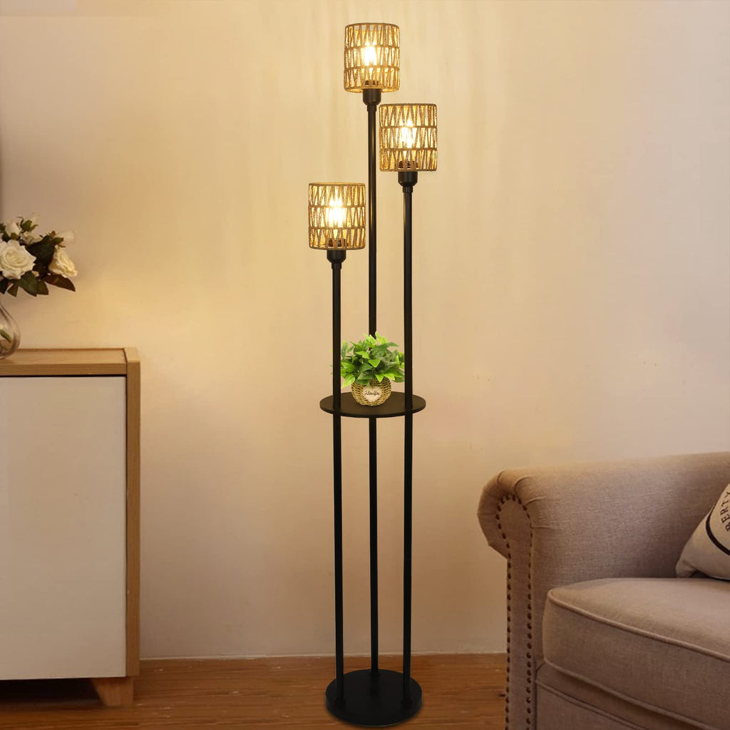 Boho Floor Lamp with Shelves, 3-Lights Farmhouse Tall Floor Lamp with ON/Off Foot Switch, Rustic Standing Lamp with