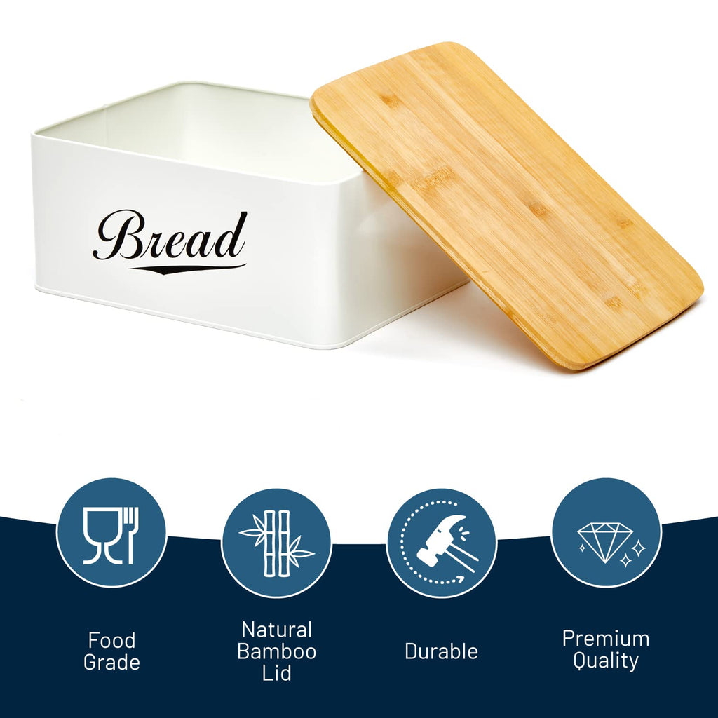 Bread Box - Modern Metal with Bamboo Cutting Board Lid